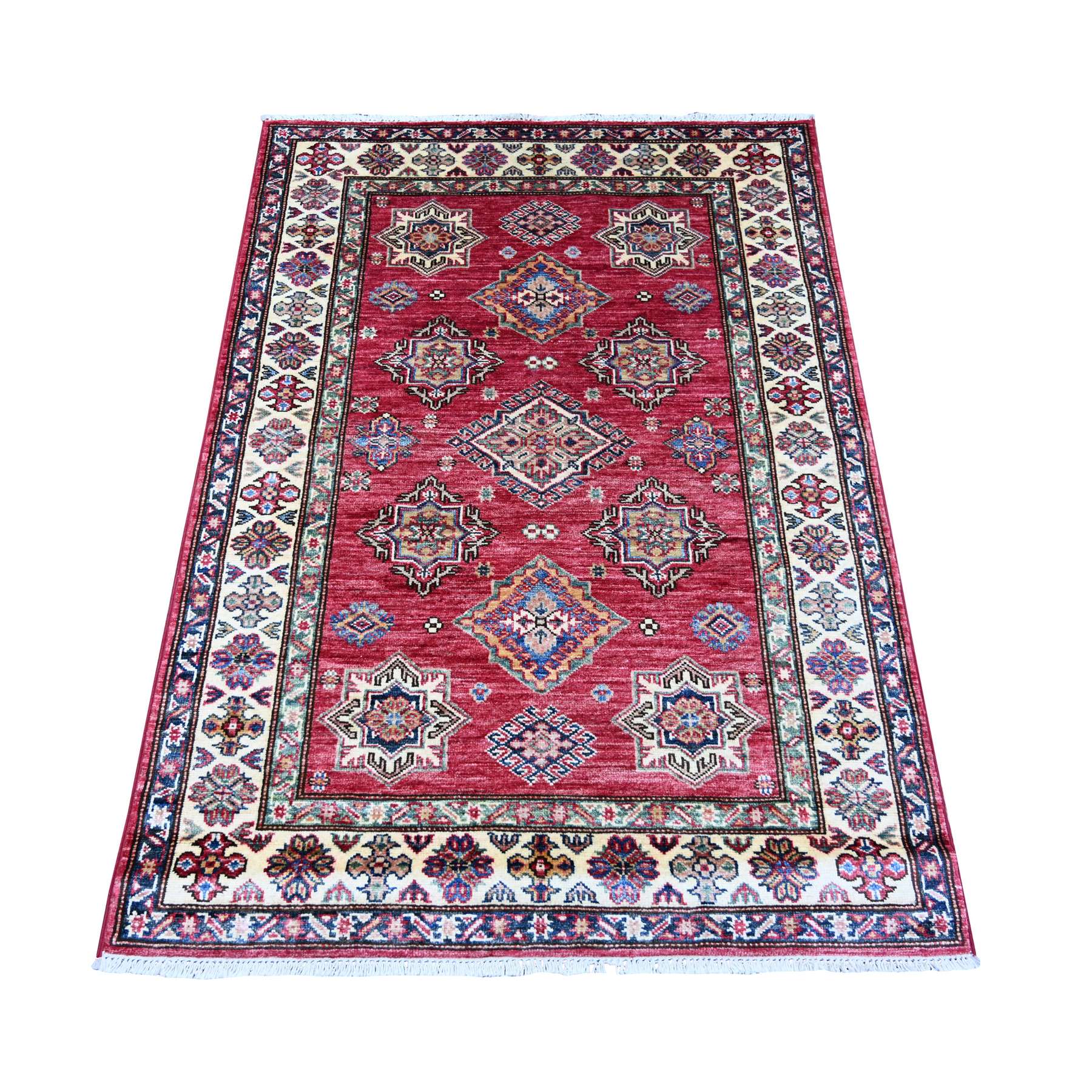 Savvy Red, Afghan Super Kazak with Geometric Medallions Design, Hand Knotted, Soft Wool, Vegetable Dyes, Oriental Rug